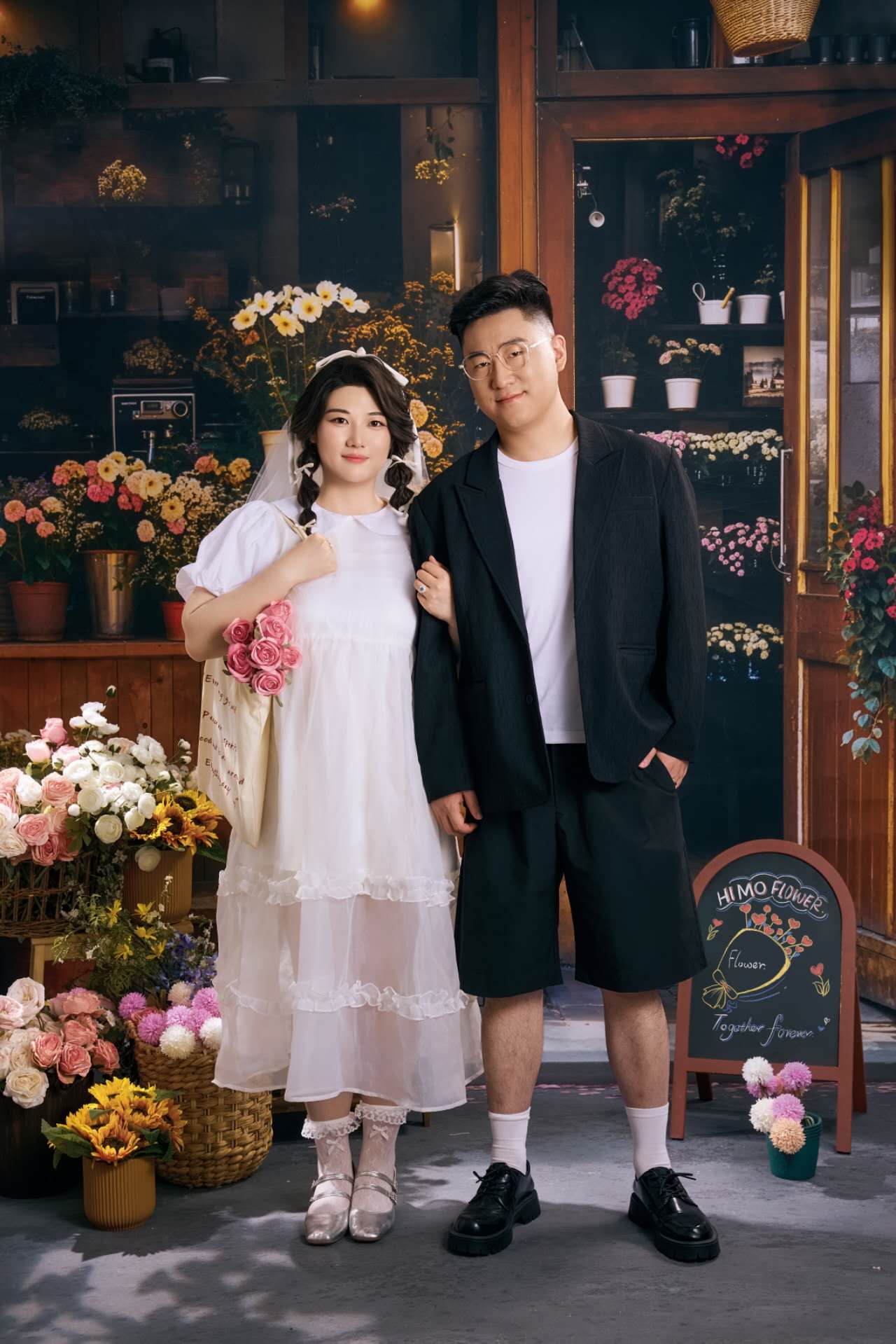 花房里胡乾浩与李佳怡并肩站立的全身合影
